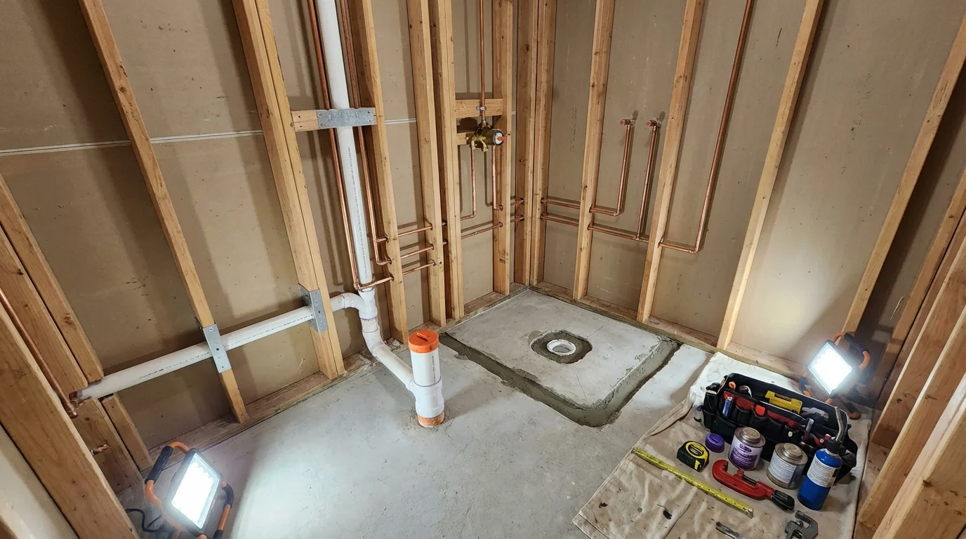 Bathroom rough-in plumbing during remodel by Johns Plumbing LLC in Watsontown
