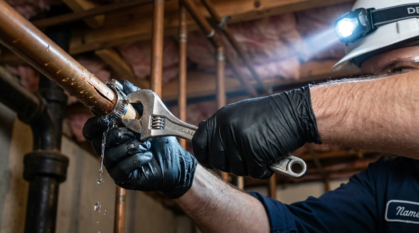 Emergency pipe clamp repair being performed by a Johns Plumbing LLC plumber in Watsontown