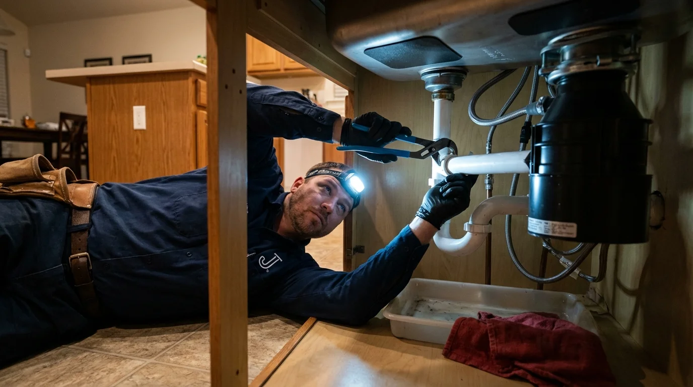 P-trap and supply line connections under a kitchen sink showing a common leak point in Watsontown, PA